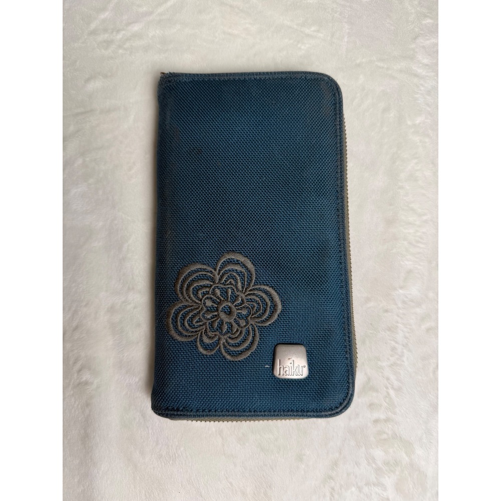 Haiku Zip Around Wallet Teal Blue Canvas Floral Embroidered Travel Organizer